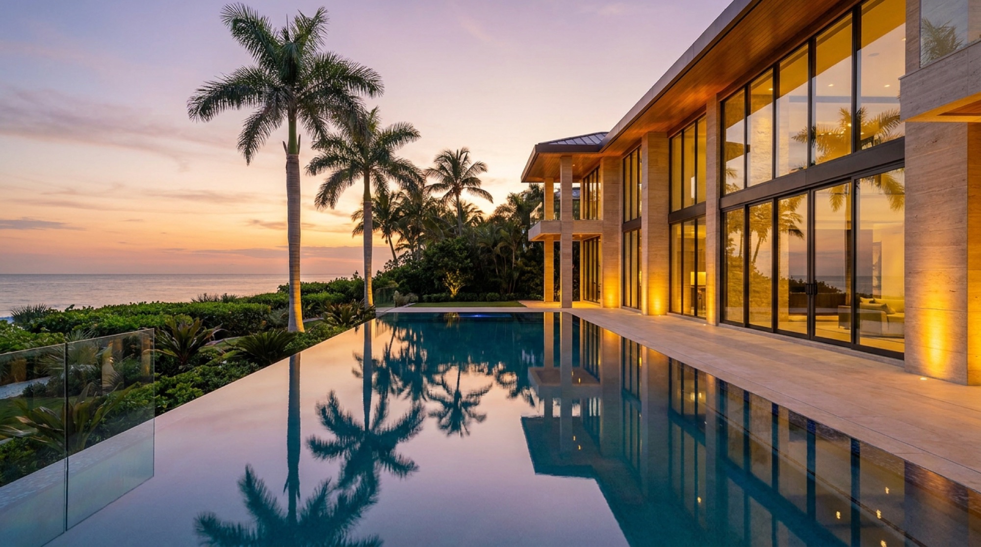 Luxury Naples Florida vacation home with infinity pool at golden hour overlooking the Gulf of Mexico