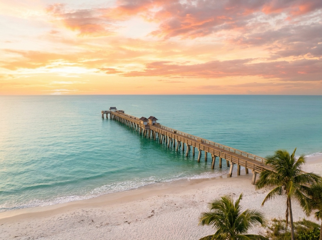 Naples pier and white-sand beach at sunset