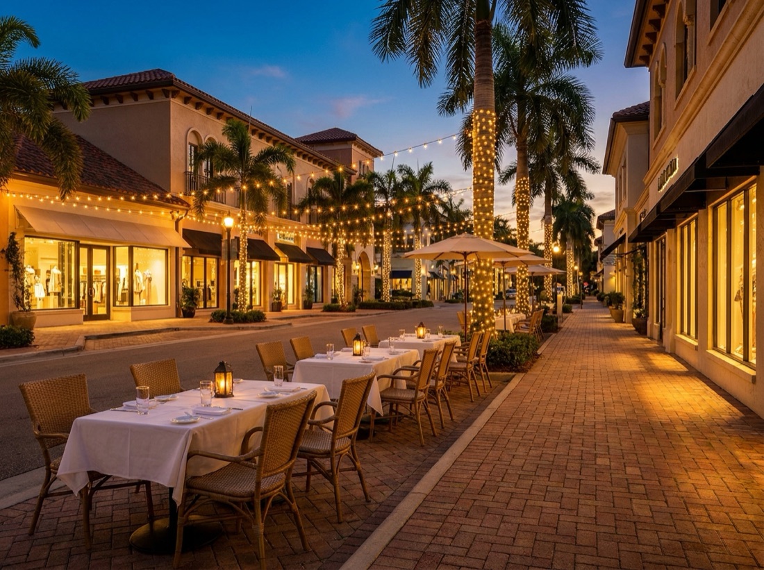 Fifth Avenue South Naples dining at dusk with string lights